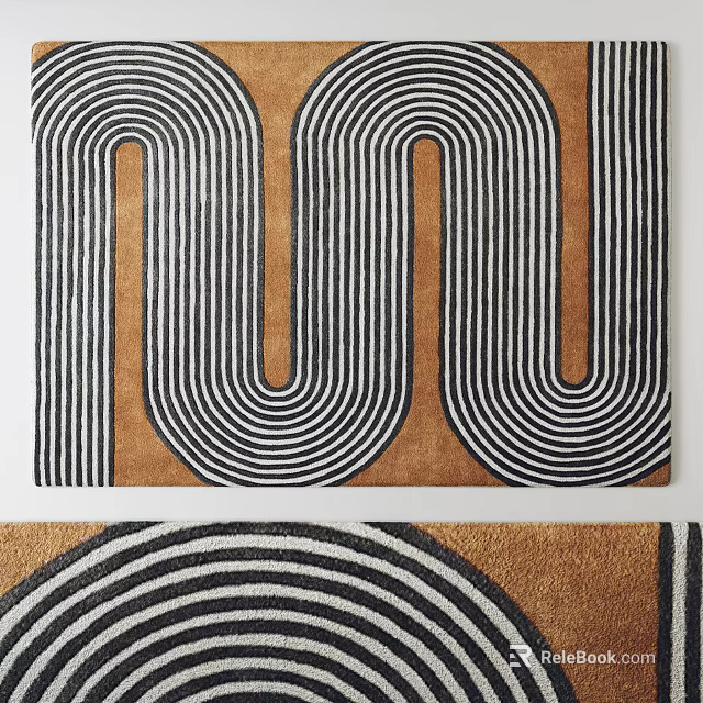 Modern Square Rug With Brown Base And Black White Curved Striped Patterns Design 3d model