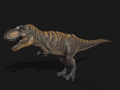 Realistic Tyrannosaurus Rex Dinosaur With Striped Skin Open Mouth And Sharp Teeth On Black Background 3d model