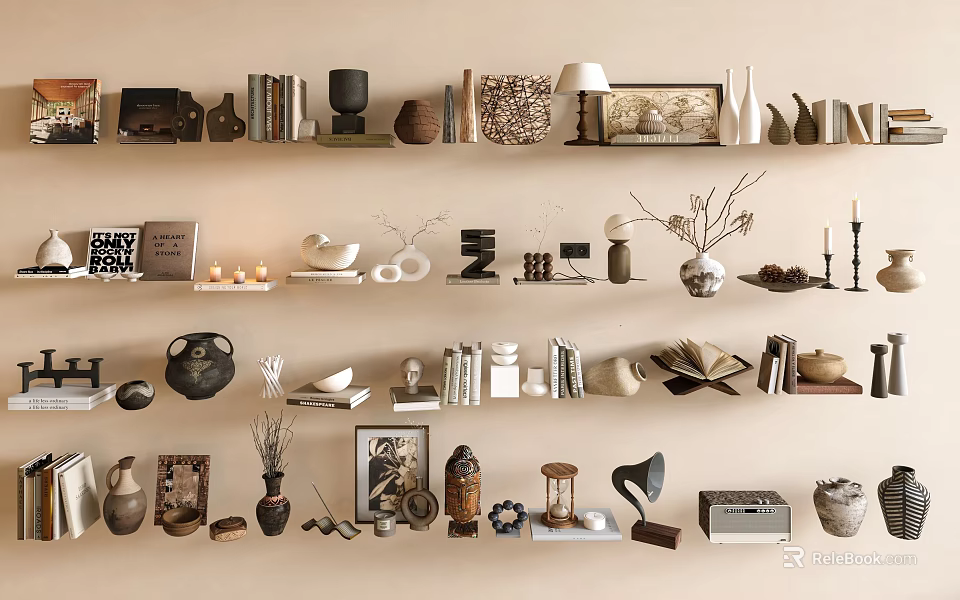 Stylish Decorative Ornament Collection on Wall Shelves with Books Vases Sculptures and Photo Frames 3d model 