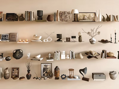 Stylish Decorative Ornament Collection on Wall Shelves with Books Vases Sculptures and Photo Frames 3d model