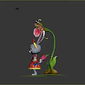 Cartoon Rabbit Game Character With Long Ears Red Bow And Pink Flower On Green Grass