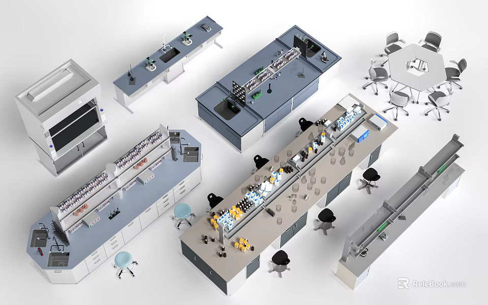 Modern Scientific Laboratory Workstations With Various Equipment And Seating Setup 3d model