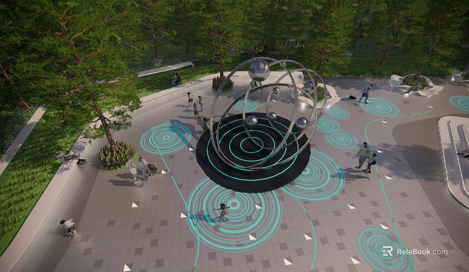 Metal Sculpture With Spherical Rings In Plaza Blue Ground Patterns And People Near Green Trees 3d model 