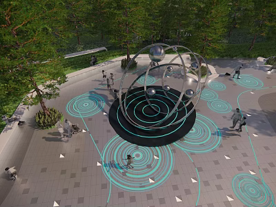 Metal Sculpture With Spherical Rings In Plaza Blue Ground Patterns And People Near Green Trees 3d model
