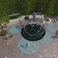 Metal Sculpture With Spherical Rings In Plaza Blue Ground Patterns And People Near Green Trees