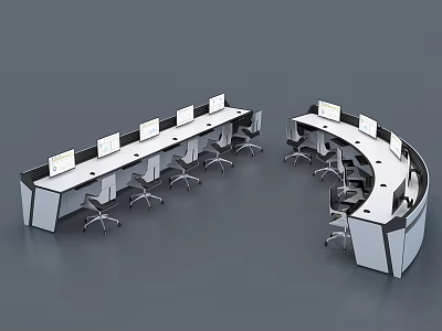 Modern Curved and Linear Office Work Desk Setup with Multiple Chairs Computer Monitors 3d model