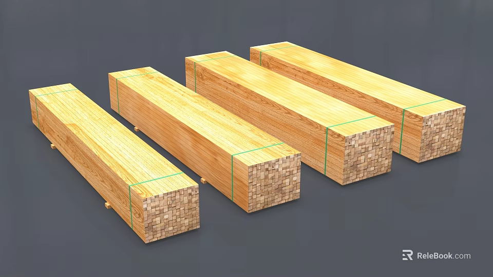 Natural Wooden Planks Bundled With Green Straps Neatly Arranged On Gray Background 3d model 