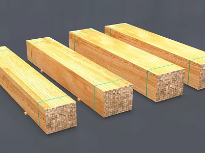 Natural Wooden Planks Bundled With Green Straps Neatly Arranged On Gray Background 3d model