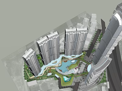 Modern High Rise Buildings With Central Green Park And Water Features 3d model