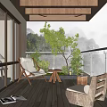 Home Balcony With Wooden Floor Cozy Chairs Coffee Table Glass Railing And Misty Mountain View