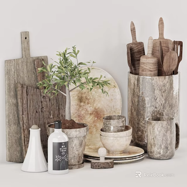 Rustic Kitchenware With Wooden Utensils Cutting Boards And Plant 3d model 