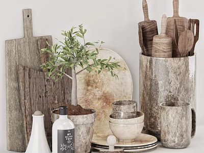 Rustic Kitchenware With Wooden Utensils Cutting Boards And Plant 3d model