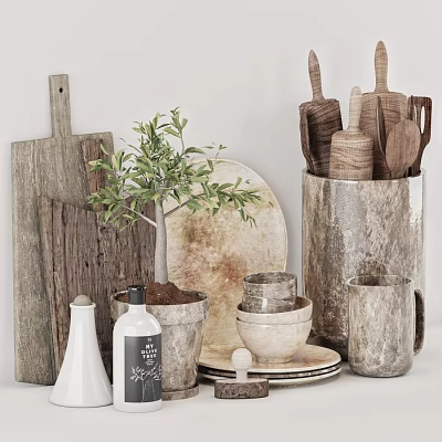 Rustic Kitchenware With Wooden Utensils Cutting Boards And Plant 3d model