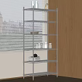 Sturdy Metal Shelving Unit with Multiple Tiers Beside Wooden Cabinets Near Window Blinds