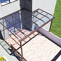 Gray Building Balcony Awning With Metal Frame Transparent Roof And Wooden Railing