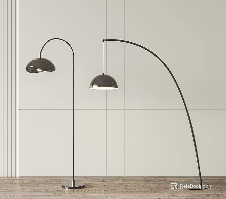 Modern Arched Floor Lamps With Silver Shades Against White Wall And Wooden Floor 3d model 