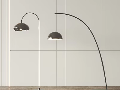 Modern Arched Floor Lamps With Silver Shades Against White Wall And Wooden Floor 3d model