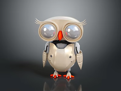 Cute White Robot Owl With Large Eyes Orange Beak And Metallic Body 3d model