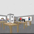 Modern Electronics Retail Store With Display Shelves Mobile Phones And Wooden Tables