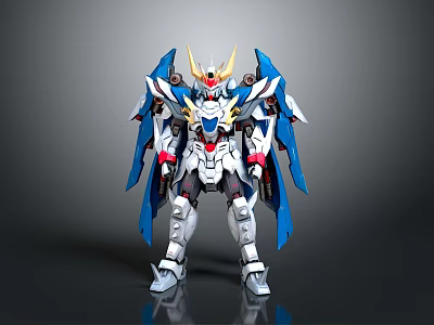 Detailed Blue White Mecha Robot Figure With Yellow Horn Red Eyes And Blue Wings 3d model