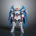 Detailed Blue White Mecha Robot Figure With Yellow Horn Red Eyes And Blue Wings