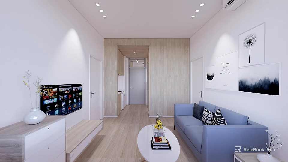Modern Apartment Living Room With Blue Sofa White Coffee Table Wooden Flooring And Recessed Lights 3d model 