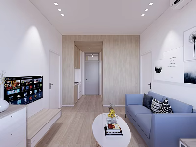 Modern Apartment Living Room With Blue Sofa White Coffee Table Wooden Flooring And Recessed Lights 3d model