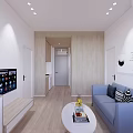 Modern Apartment Living Room With Blue Sofa White Coffee Table Wooden Flooring And Recessed Lights