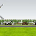 Modern Geometric Hotel Building With Windmill Outdoor Lawn And Lounge Chairs
