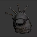 Ornate Metallic Medieval Helmet Featuring Spiked Decor And Intricate Textured Surface