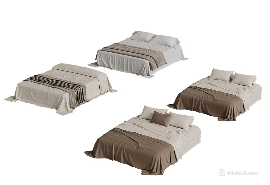 Modern Bedroom Bed Collection with Beige Brown Gray Linen and Striped Bedding 3d model 