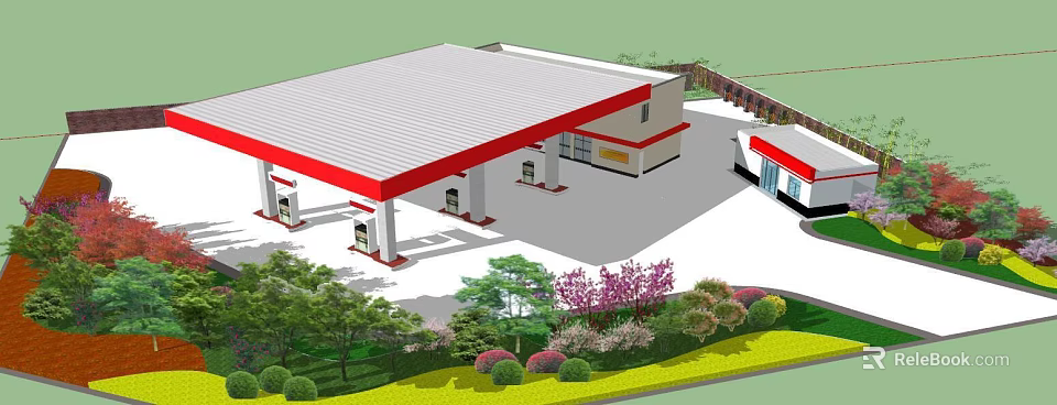 Gas Station Garden Landscape with Green Trees Shrubs and Colorful Flower Beds 3d model 