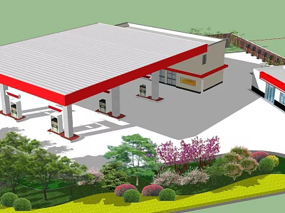 Gas Station Garden Landscape with Green Trees Shrubs and Colorful Flower Beds 3d model