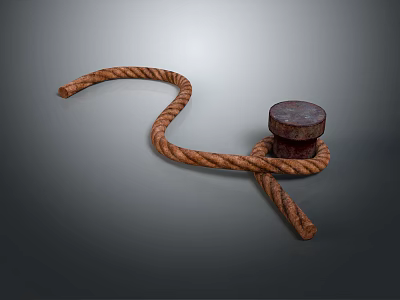 Brown Twisted Rope Tied Around Round Wooden Block on Gray Background 3d model