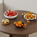 Fresh Apples Apricots and Pears Arranged in Bowls on Round Wooden Table