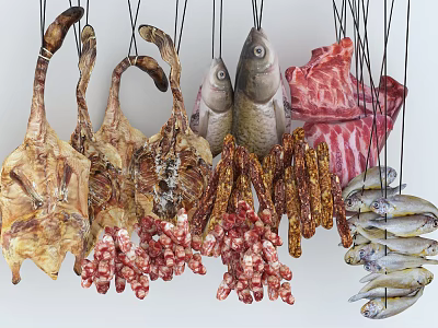 Traditional Preserved Foods Display With Hanging Dried Meat Fish And Sausages 3d model