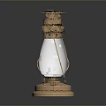 Vintage Brass Kerosene Lamp With Metal Frame On Reflective Surface