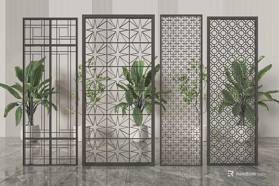 Modern Interior Design Room Dividers with Various Geometric Openwork Patterns and Plants 3d model
