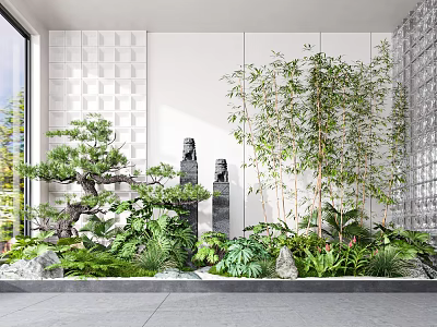 Zen Courtyard Garden Design With Bamboo Trees Stone Statues And Lush Green Plants 3d model