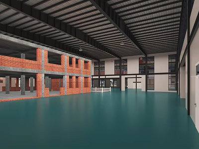 Industrial Style Interior With Red Brick Walls Green Floor And High Ceilings 3d model