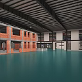 Industrial Style Interior With Red Brick Walls Green Floor And High Ceilings