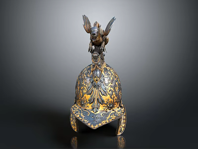 Ancient Decorative Helmet With Intricate Golden Black Patterns And Eagle Ornament 3d model