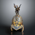 Ancient Decorative Helmet With Intricate Golden Black Patterns And Eagle Ornament