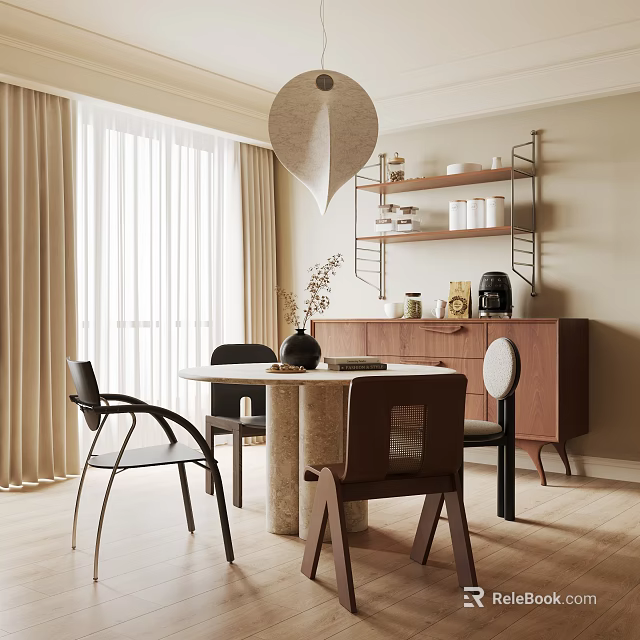 Warm Restaurant Interior With Round Marble Dining Table Brown Chairs And White Leaf Pendant Light 3d model