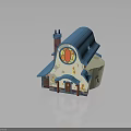 Cartoon Style Building With Blue Roof Chimney Circular Red Yellow Decoration White Gray Body