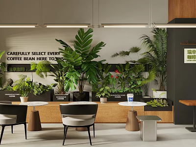 Modern Boba Milk Tea Shop With Lush Green Plants Cozy Seating And Wooden Counter 3d model