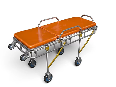 Medical Equipment Stretcher With Orange Padded Surface Metal Frame Handrails And Wheels 3d model