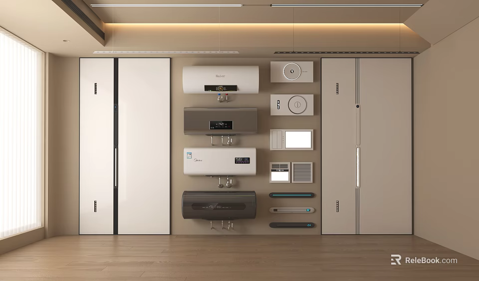 Modern Interior Ceiling Design With Recessed Lighting Wardrobes And Appliances 3d model