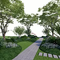 Lush Arbor Trees Lining Stone Path In Garden With Green Lawn And Flower Bushes