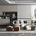Modern Living Room Interior With Beige Sofa Accent Chair Pillows And Marble Floor